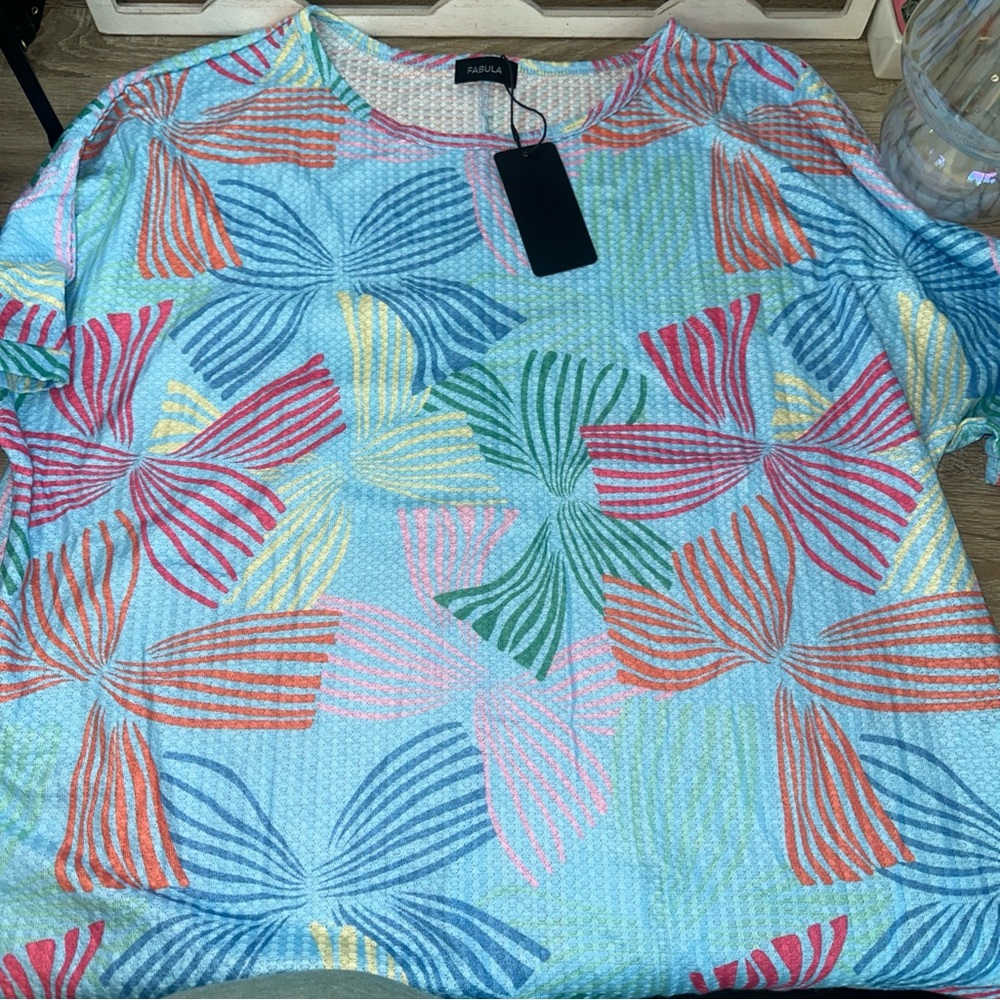 Multicolor Floral-Print Short Sleeve Blouse - Aqua